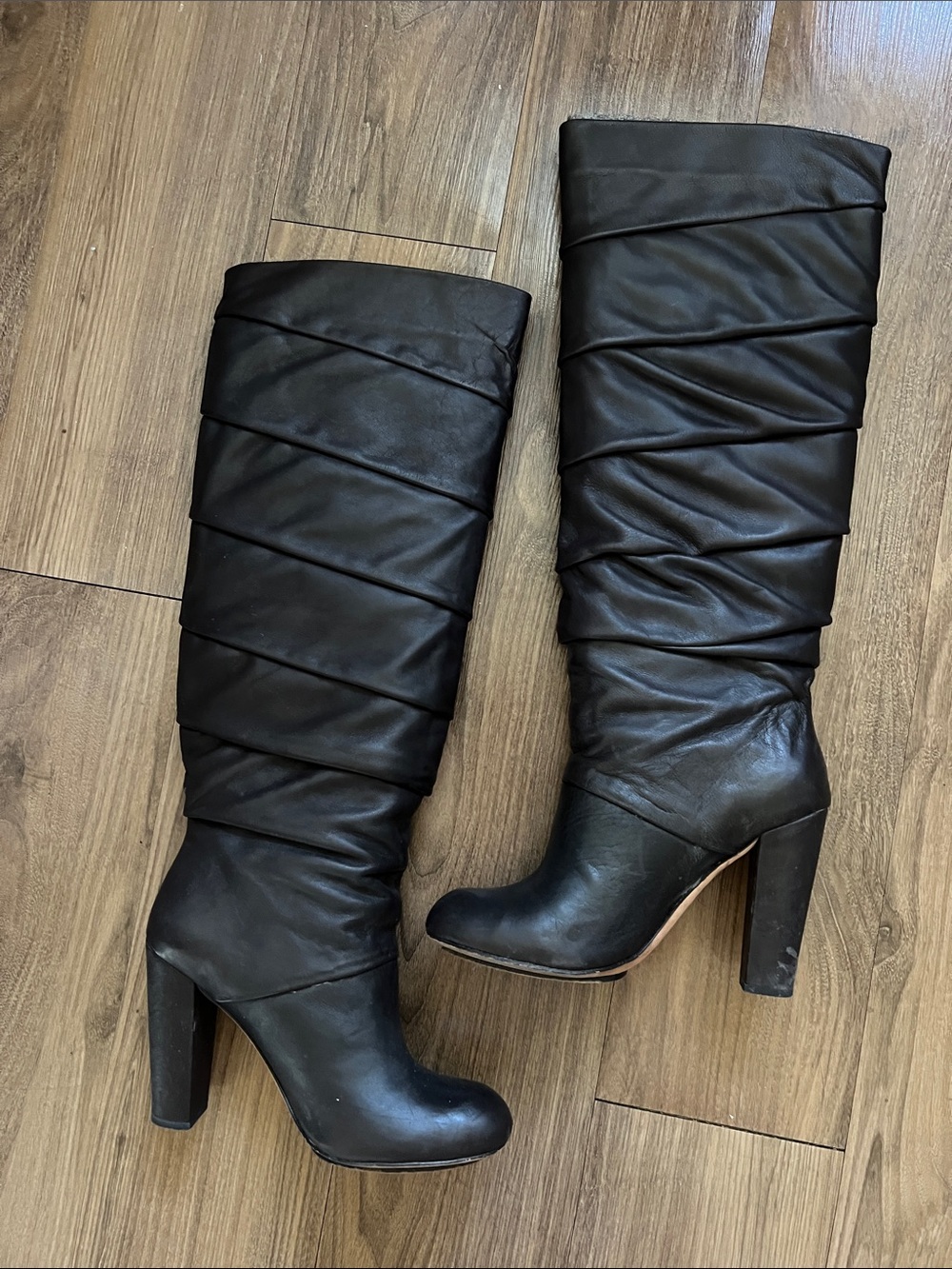 Modern Vintage | Dark Brown Leather Ruched Knee-High Block-Heel Boots